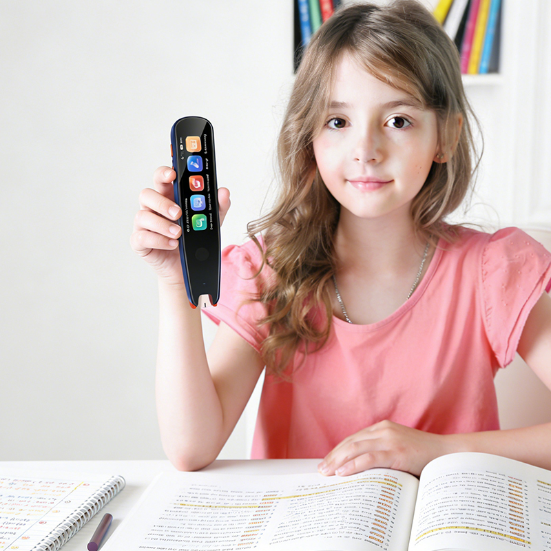 Student with dyslexia using a scanning pen to read a book independently.