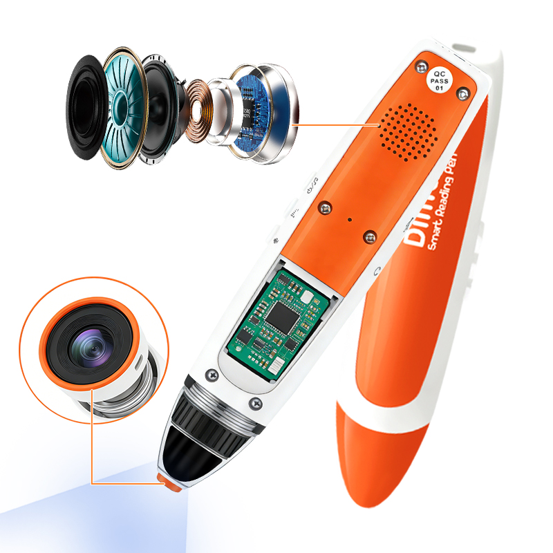 Internal components of a smart talking pen showing camera sensor and microchip.